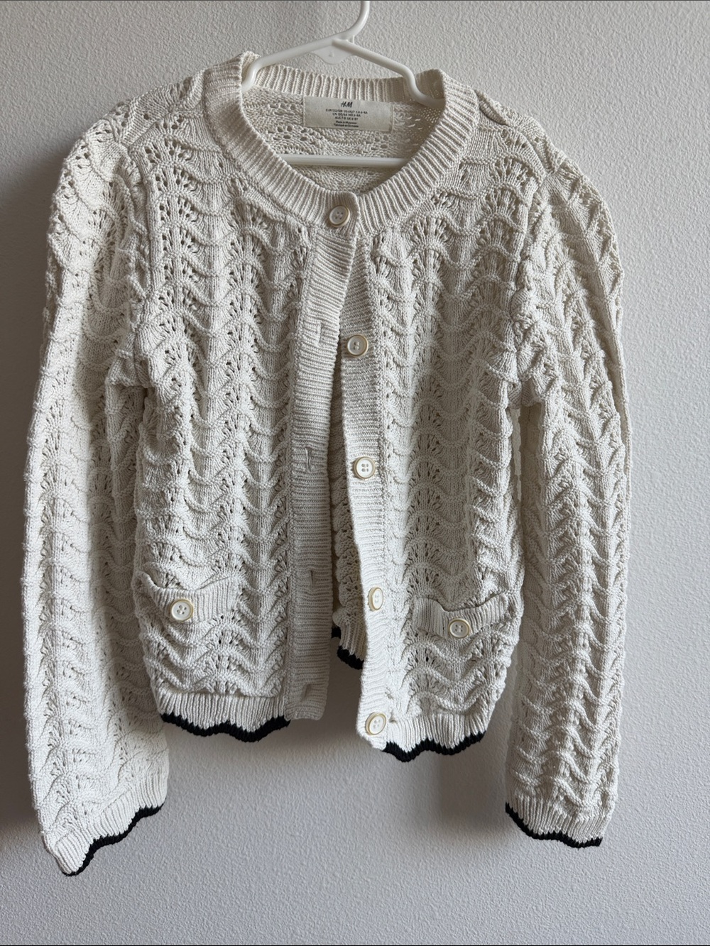 H&M Cream Openwork Knit Button-Front Cardigan with Contrast Trim